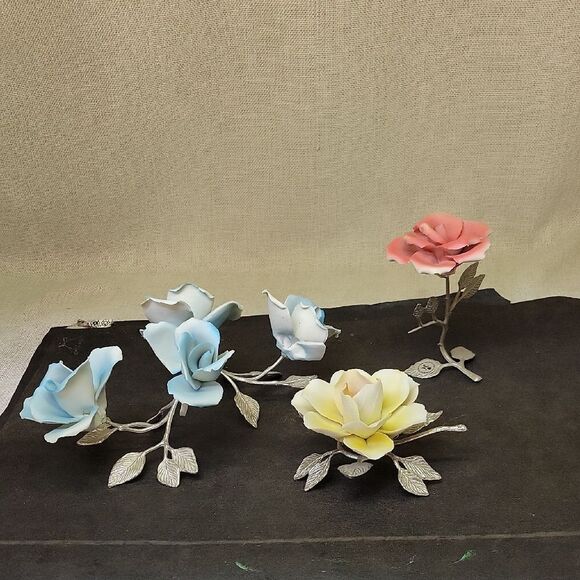 Porcelain Flower Figurines in Blue, Pink, and Yellow - Picture 1 of 13